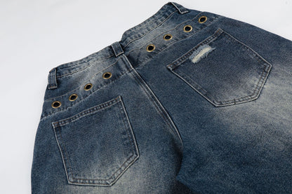 Wash Rivet Damage Wide Leg Denim Jeans WN25573