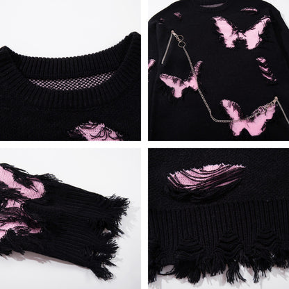 Asymmetric Butterfly Jacquard Chain Detail Knit Sweater WN11513