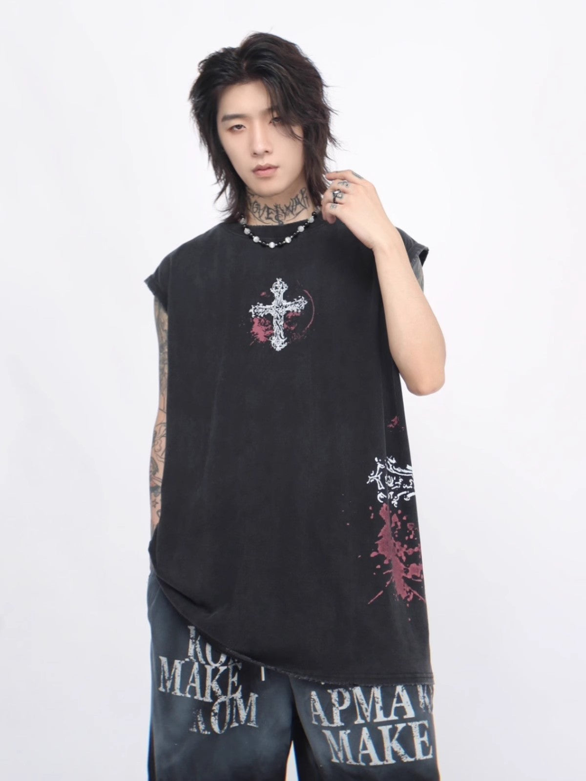 Washed Cross Print Sleeveless T-shirt WN6560