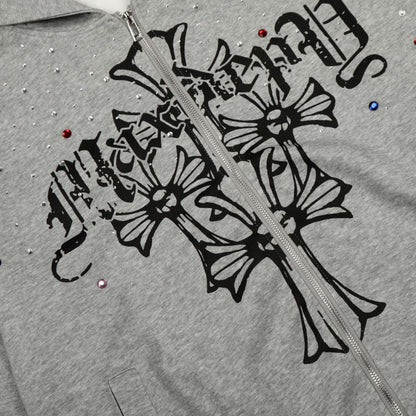 Rhinestone Cross Design Zipper Hoodie WN23057