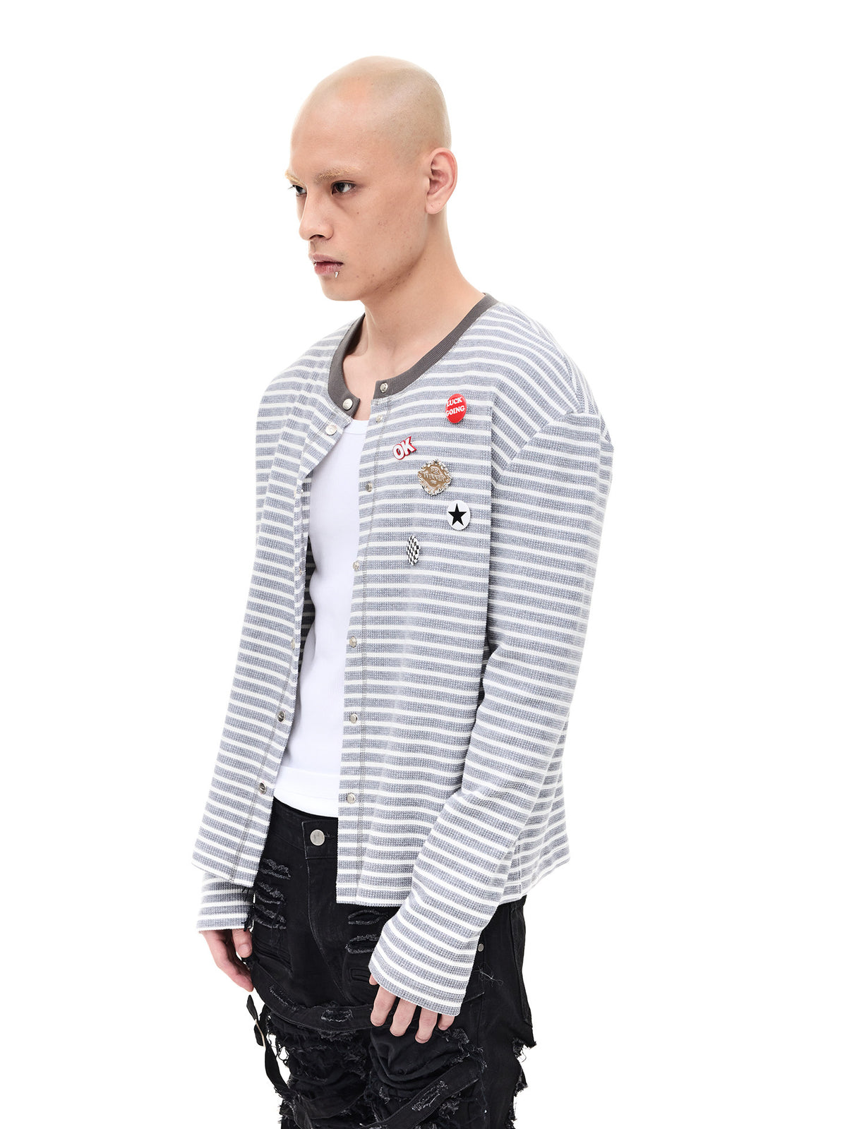 Snap Button Thin Stripe Knit Cardigan WN26718
