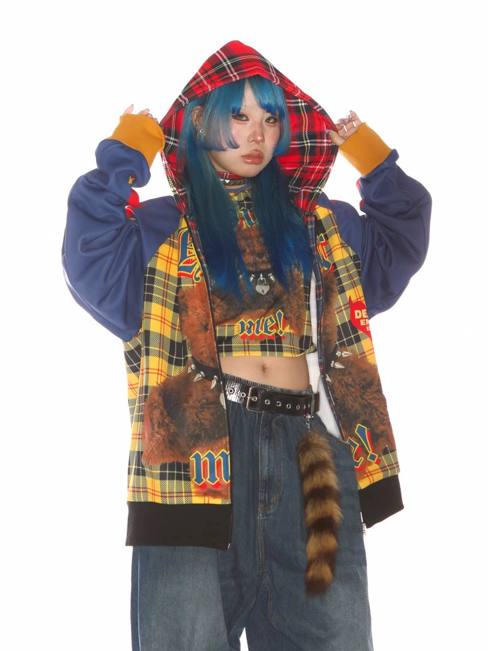 Bear Print Plaid Patch Hoodie WN22269