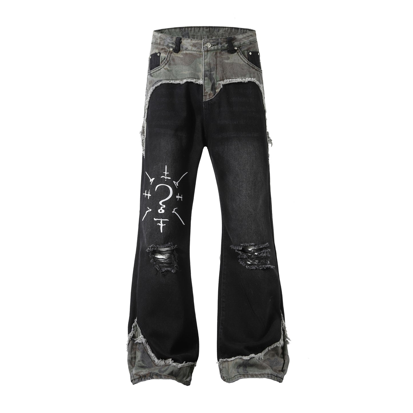 Camouflage Patchwork Raw-Edge Washed Flare Denim Jeans WN11277