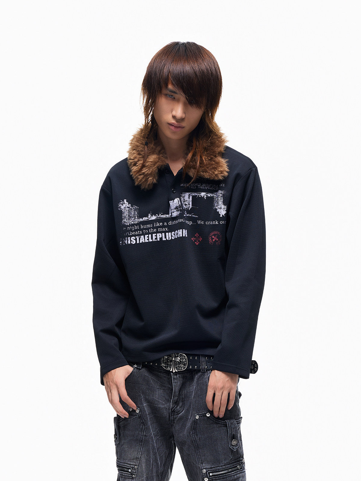 Graphic Print Detachable Fur Collar Long Sleeve T-Shirt WN27269