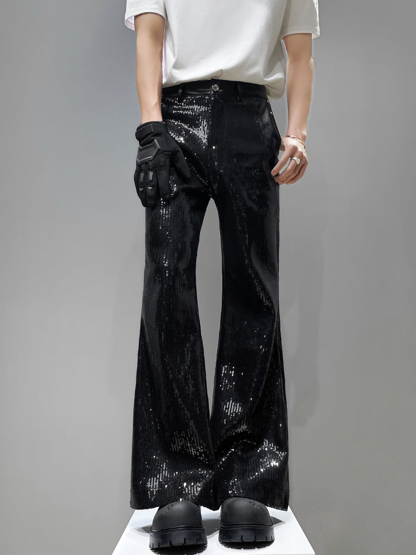 Sequin Patchwork PU Leather Wide Leg Pants WN23918