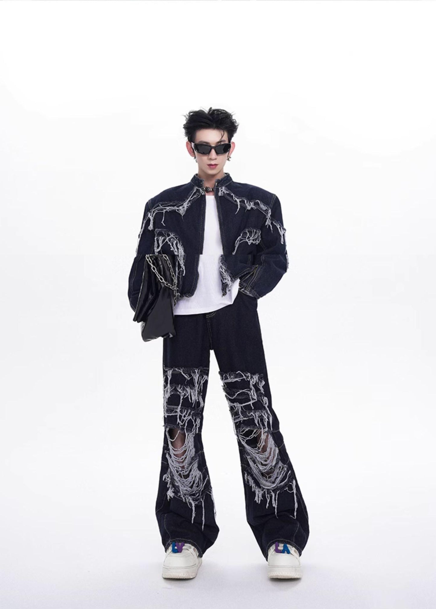 Damage Zipper Denim Jacket & Damage Wide-Leg Straight Denim Jeans Setup WN8057