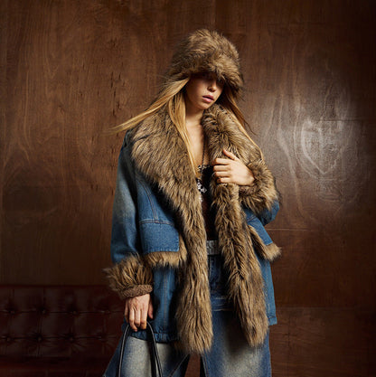 Fur Collar Fleece Lining Denim Jacket WN21893