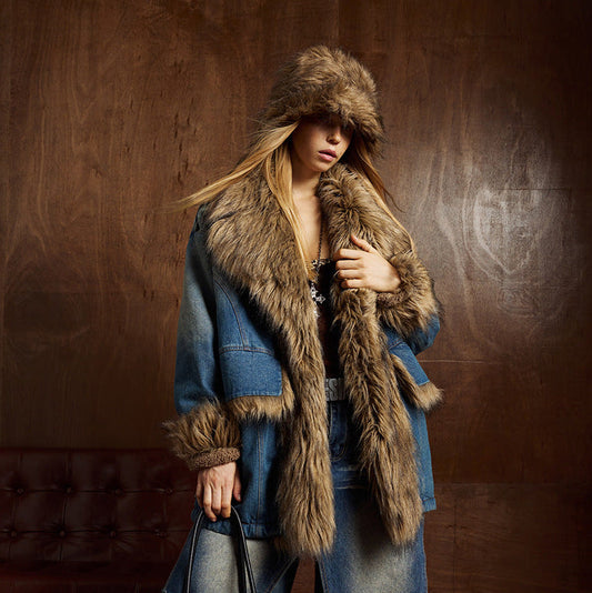 Fur Collar Fleece Lining Denim Jacket WN21893