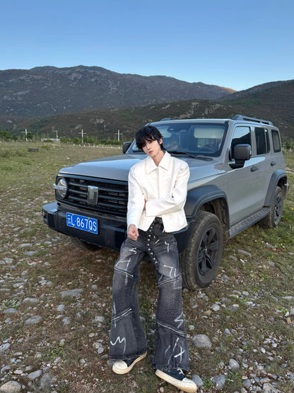 Hand-Paint Graffiti Metal Button Flare Denim Jeans WN20762