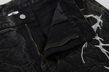 Washed Flare Lightning Embroidery Wide-Leg Denim Jeans WN12663