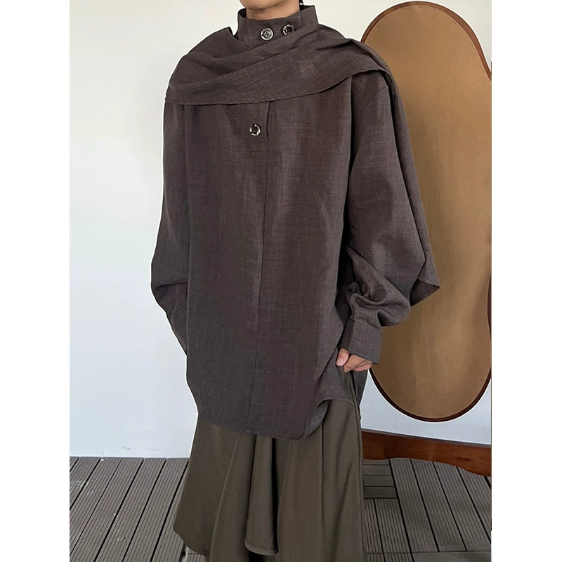 Stand Neck Scarf-Tie Long Sleeve Shirt WN19975