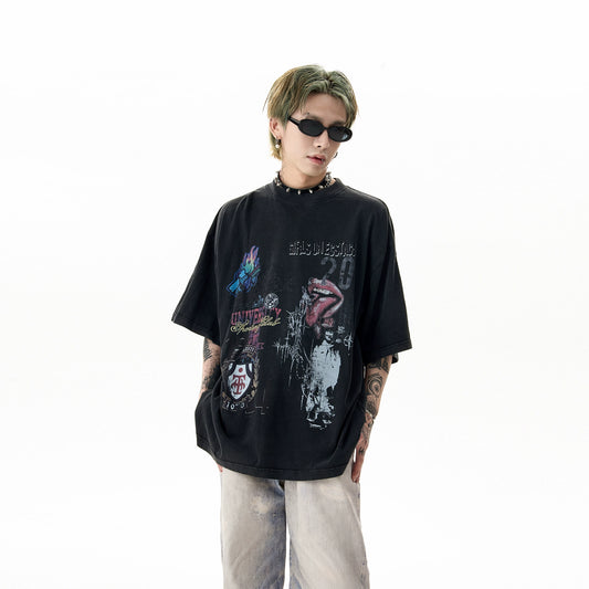 Dark Subculture Flame Print Wash Oversize Casual Short Sleeve T-Shirt WN5202