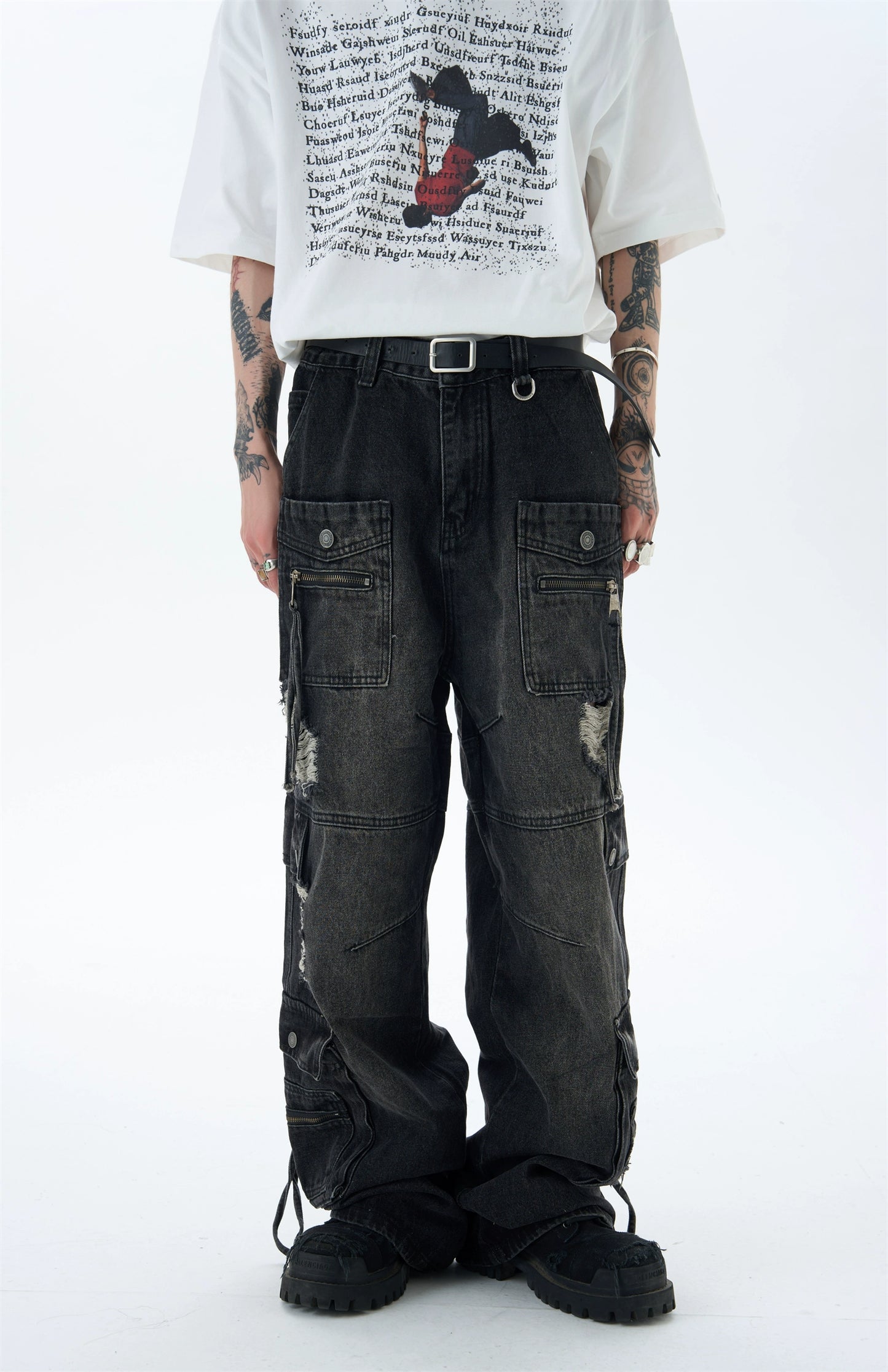 Zipper Pocket Damage Cargo Denim Jeans WN5890