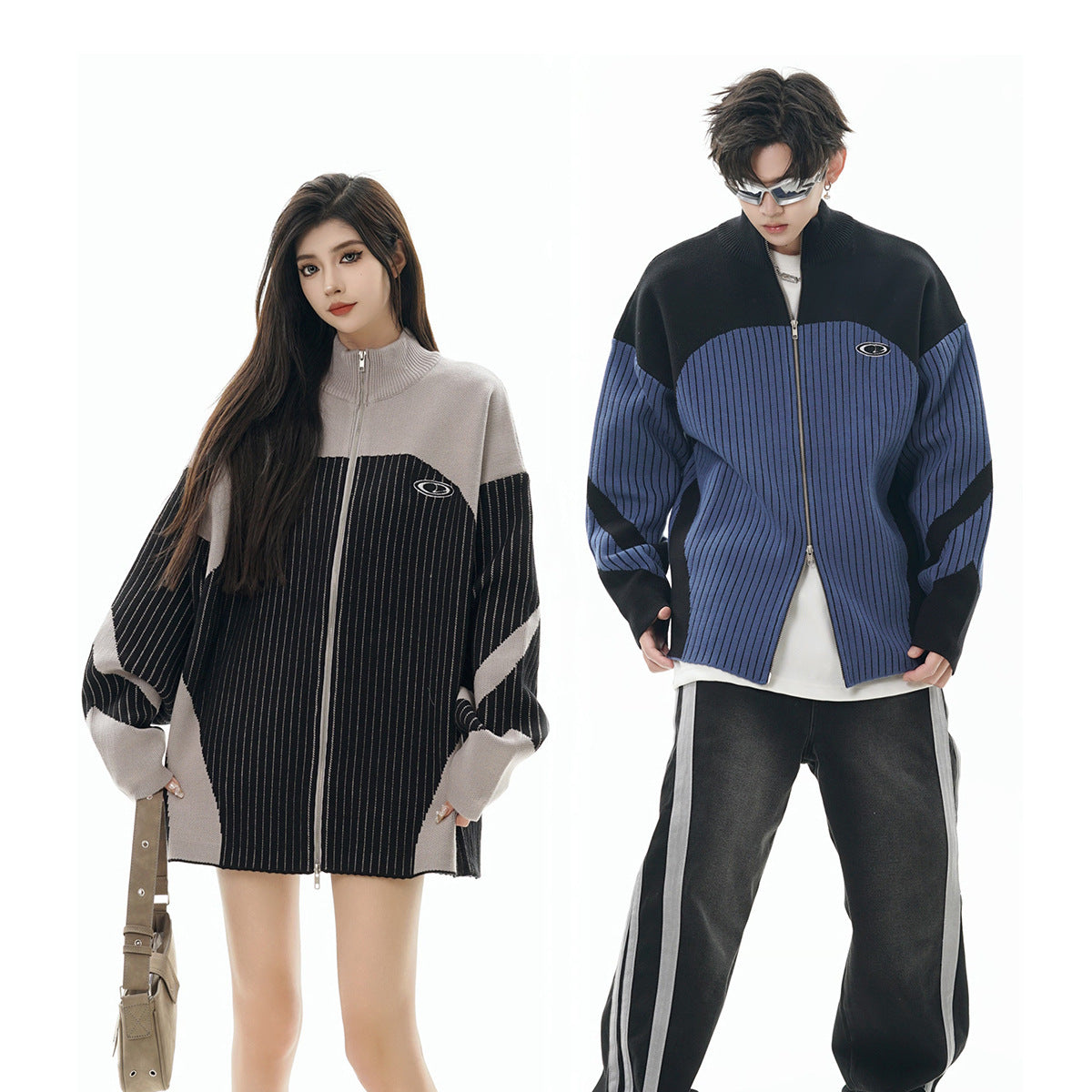 Double Zipper High-Neck Color Block Knit Cardigan WN21889