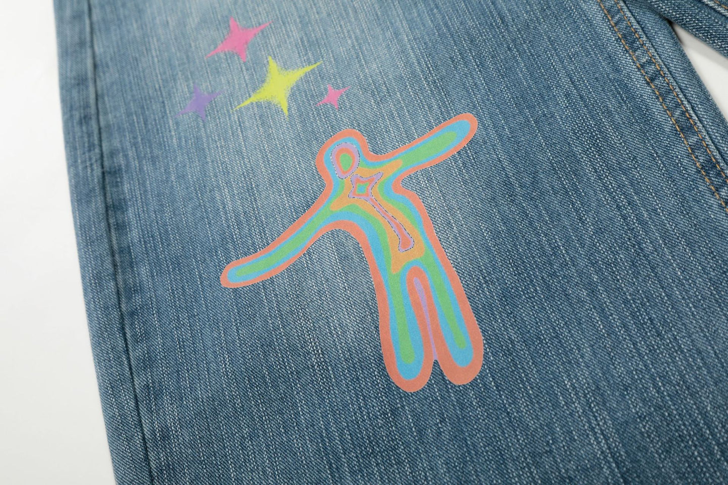 Star Heart Print Curved Wide Leg Denim Jeans WN25731