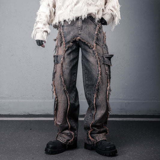 Damage Wash Mix Fringe Wide Leg Denim Jeans WN22503