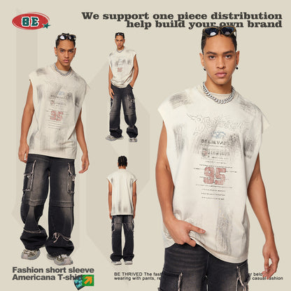 Washed Damage Print Oversize Tank Top T-shirt WN6391