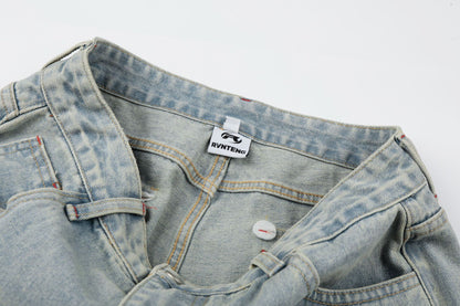 Washed Paint Studs Detail Wide Leg Denim Jeans WN25418