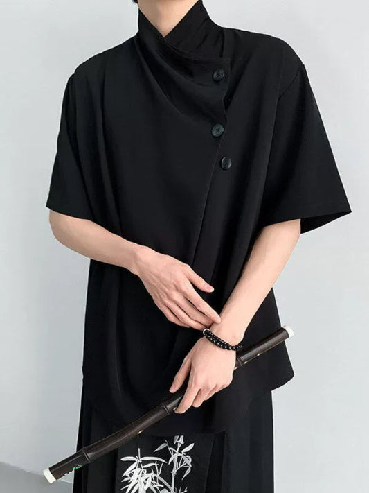 Chinese Style Asymmetrical Button Short Sleeve Shirt WN19319