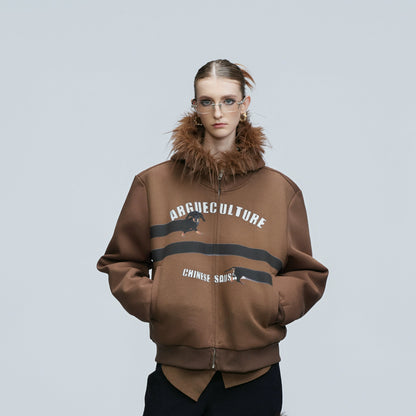 Fake Fur Collar Letter Print Zipper Hoodie WN21749