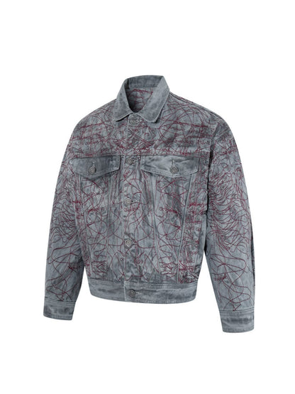 All-Over Random Stitch Embroidery Oversize Denim Jacket WN27865