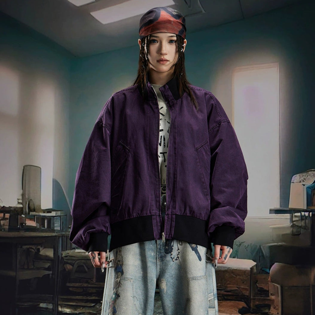 Washed Stand Neck Oversize Short Jacket WN20569