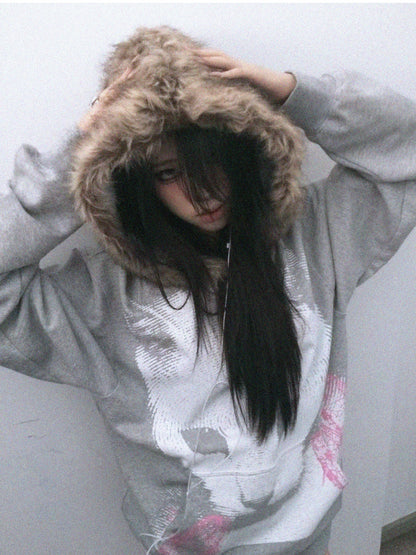 Cat Print Fake Fur Collar Hoodie WN20913