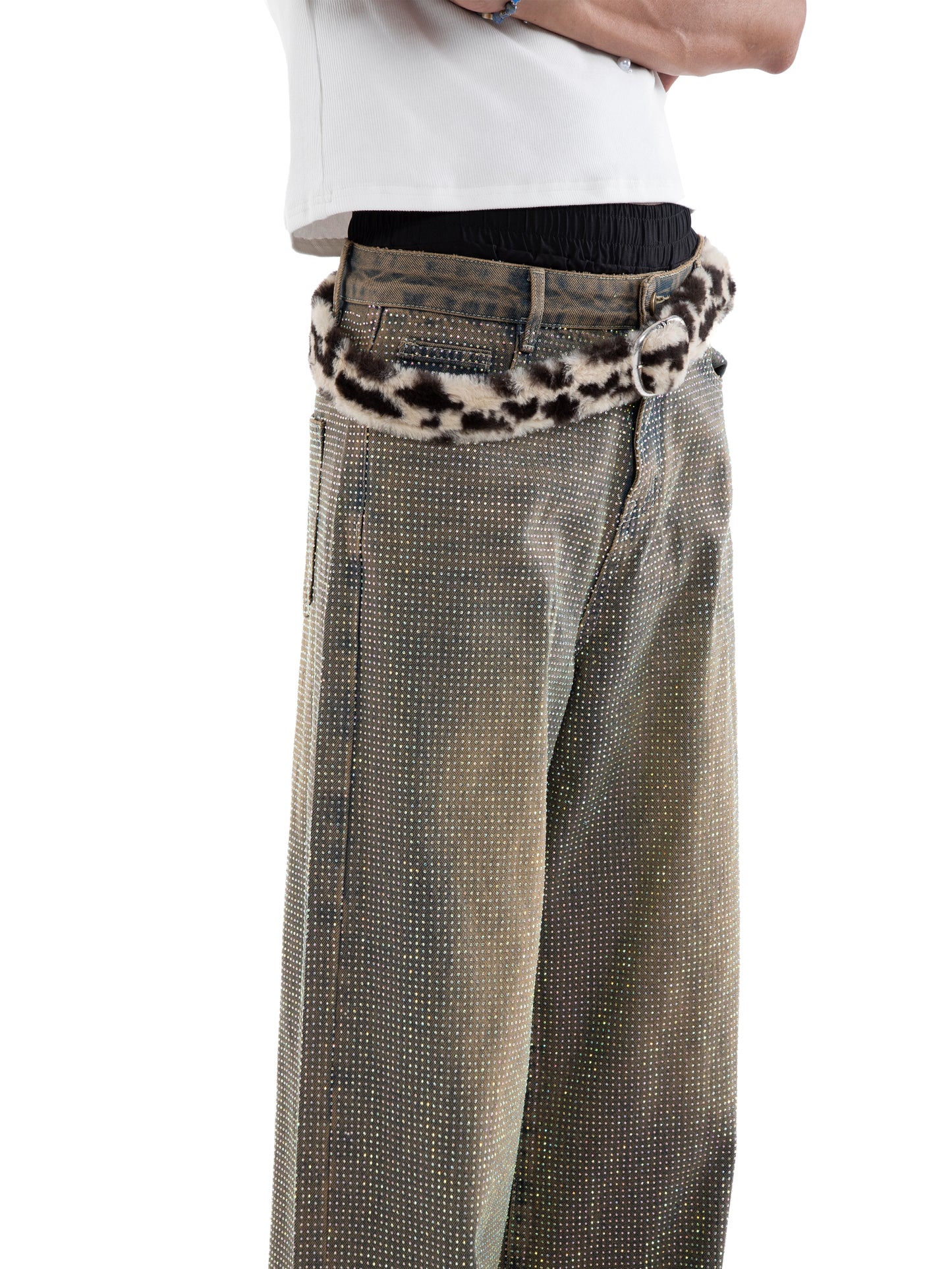 Rhinestone Washed Strap Wide Leg Straight Denim Jeans WN20648