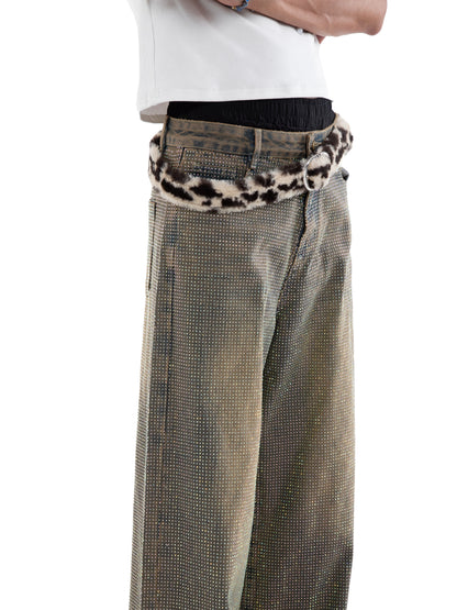 Rhinestone Washed Strap Wide Leg Straight Denim Jeans WN20648