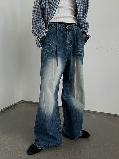 Washed Mid-High Waist Wide-Leg Straight Denim Jeans WN10775