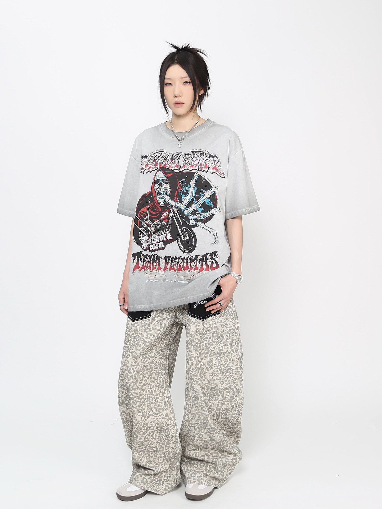 Skull Motorcycle Graphic Print Oversize Short Sleeve T-Shirt WN24496