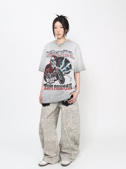 Skull Motorcycle Graphic Print Oversize Short Sleeve T-Shirt WN24496