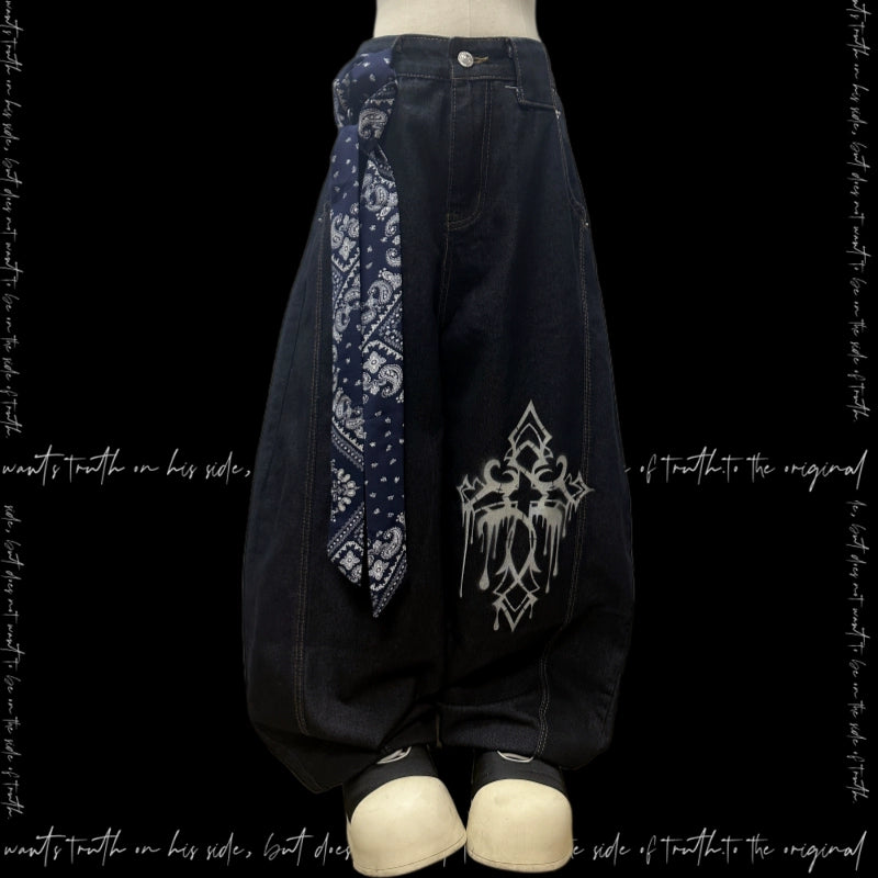 Ink Drop Thorn Scimitar Cross Wide Leg Denim Jeans & Skull Belt & Scarf WN20120