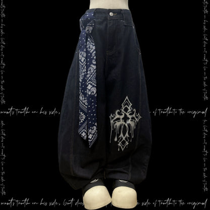 Ink Drop Thorn Scimitar Cross Wide Leg Denim Jeans & Skull Belt & Scarf WN20120