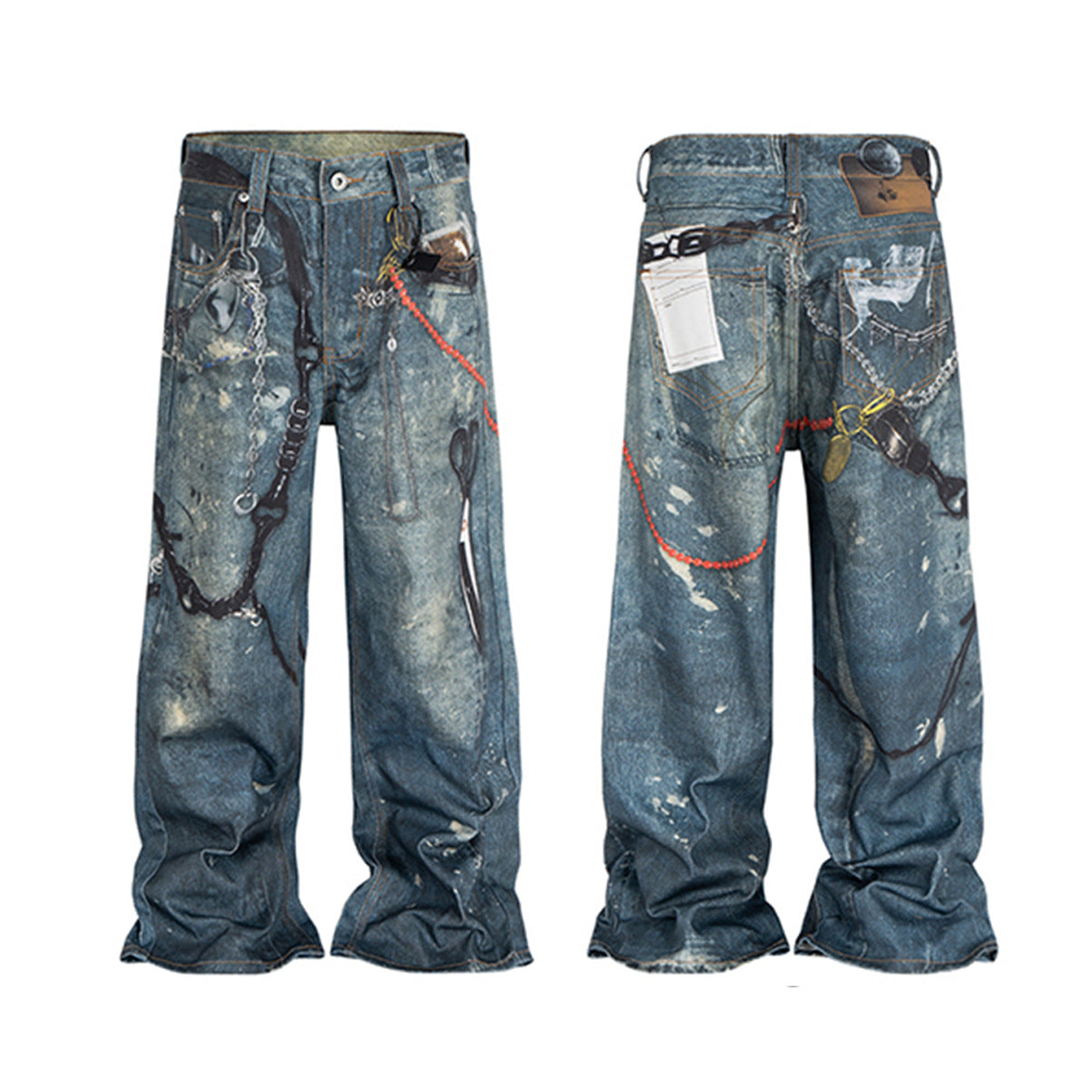 3D Print Washed WASHED WADE-LEG DENIM JEANS WN11346