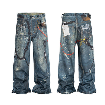 3D Print Washed WASHED WADE-LEG DENIM JEANS WN11346