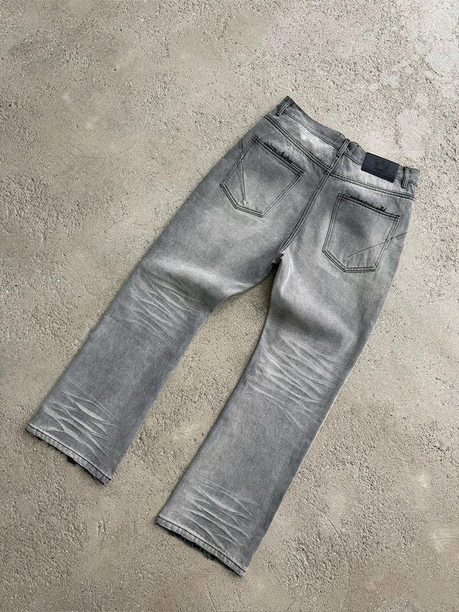 Washed Damage Micro Flare Design Denim Jeans WN17651