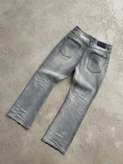 Washed Damage Micro Flare Design Denim Jeans WN17651