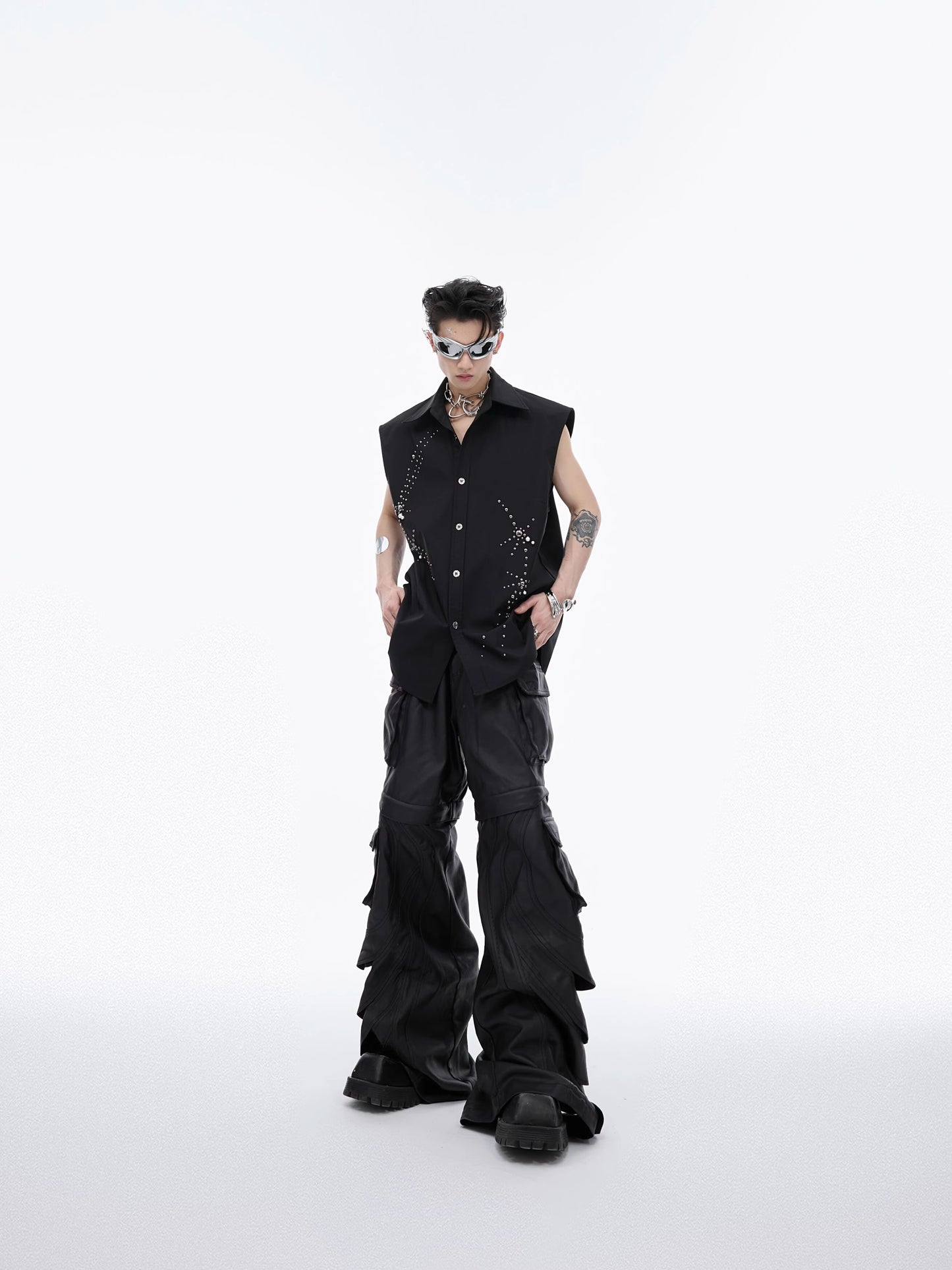 Leather Like Detachable Hem Wide-Leg Baggy Cargo Pants WN6482