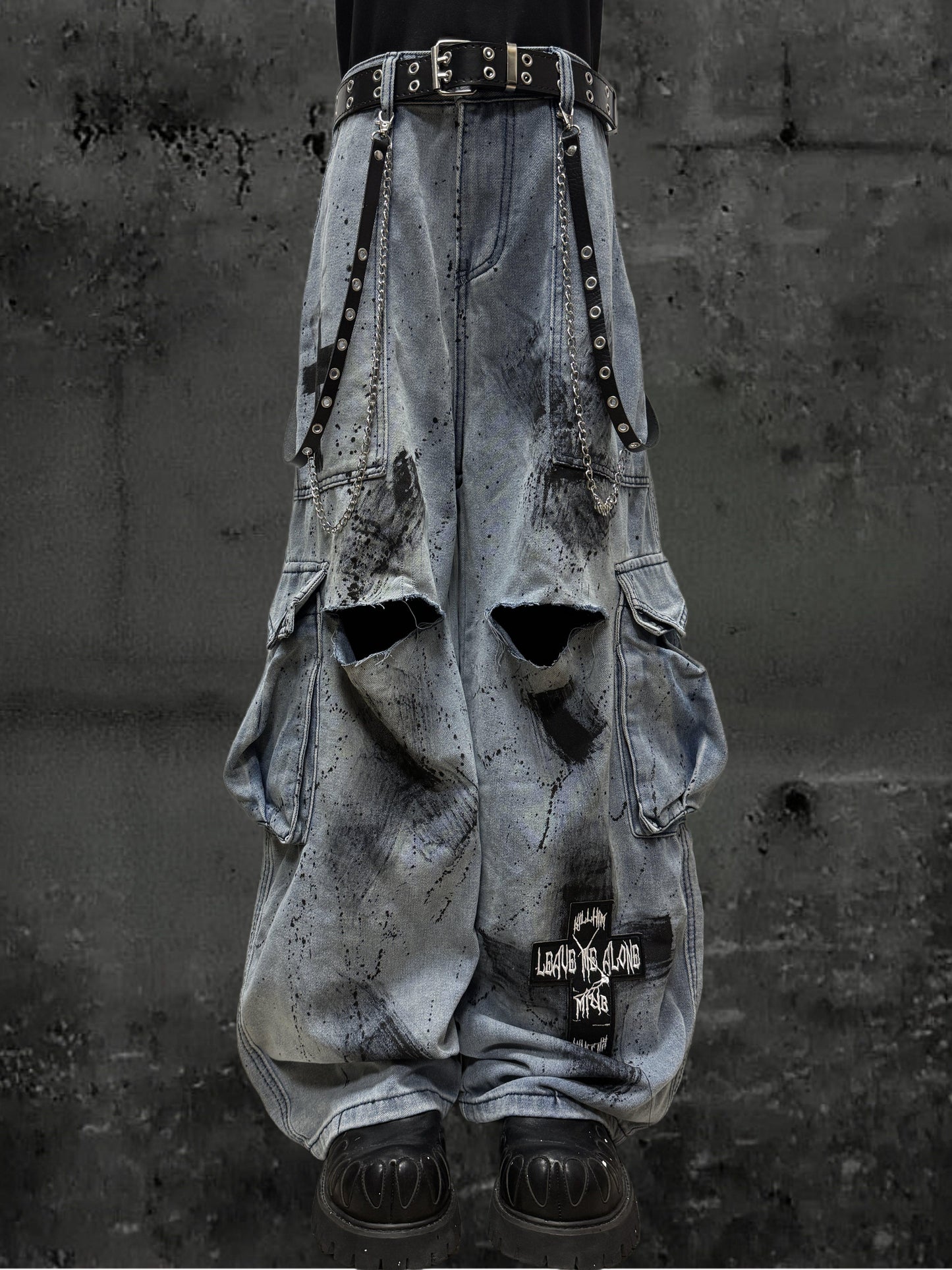 Damage Paint Cargo Wide Leg Denim Jeans & Skull Belt & Belt Chain WN23788