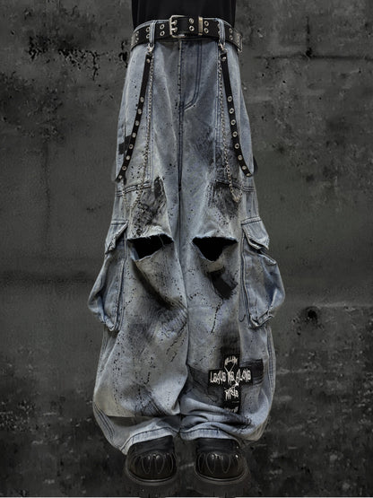 Damage Paint Cargo Wide Leg Denim Jeans & Skull Belt & Belt Chain WN23788