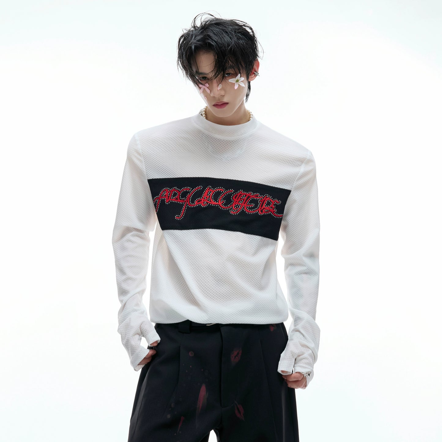 Mesh Stretch Embroidery Colorblock Long Sleeve T-Shirt WN20535