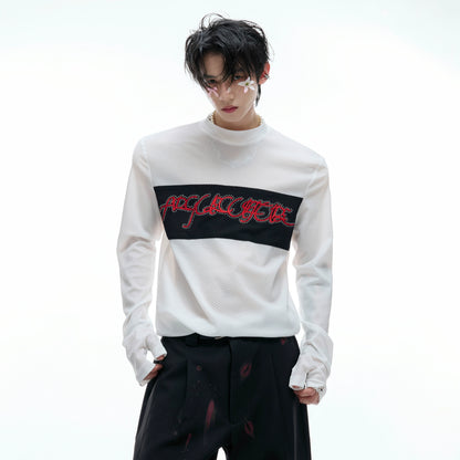 Mesh Stretch Embroidery Colorblock Long Sleeve T-Shirt WN20535
