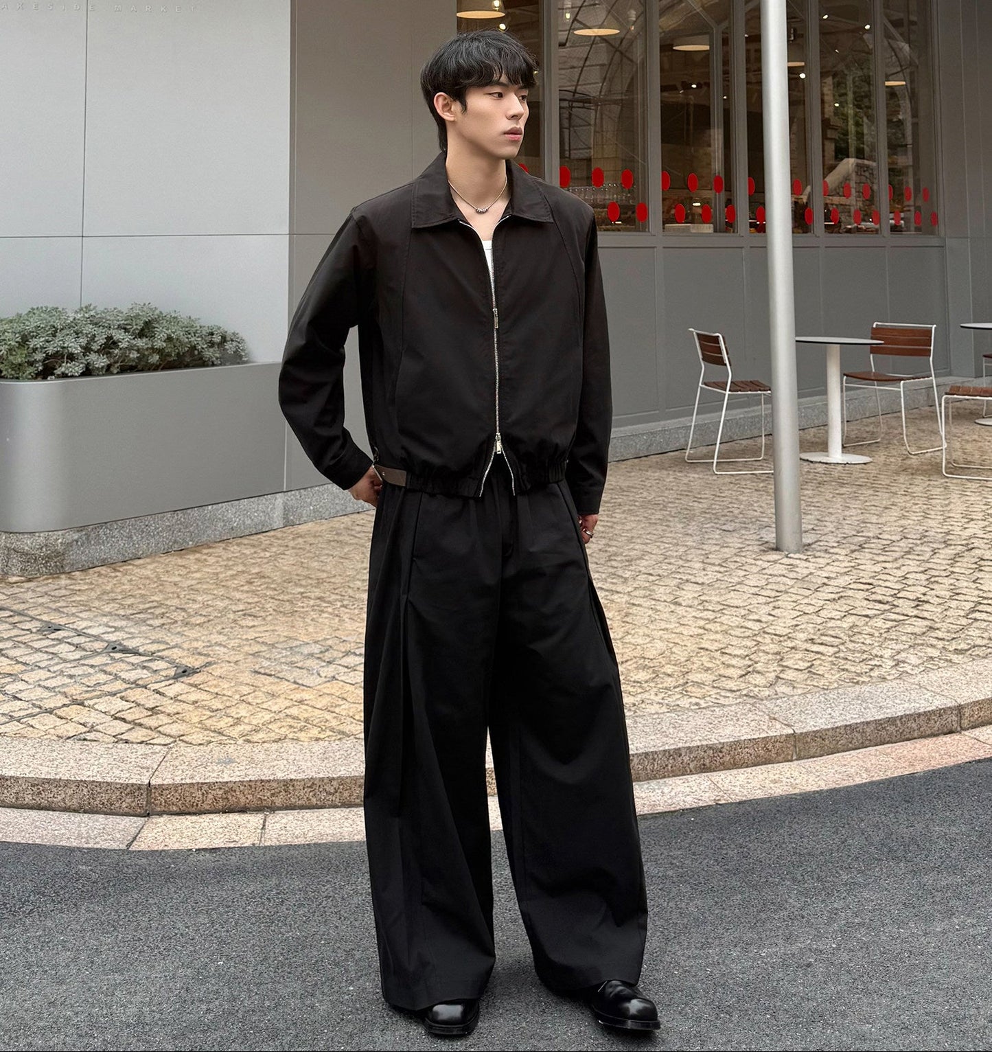 Zipper Short Jacket & Pleats Wide Leg Pants Setup WN25009