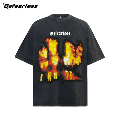 Washed Heavyweight Flame Print Oversize Short Sleeve T-Shirt WN26363