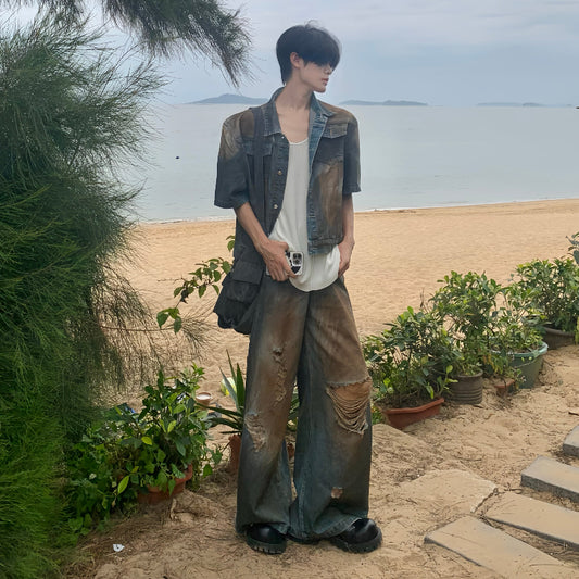 Damage Washed Denim Jacket & Wide Leg Denim Jeans Setup WN19728