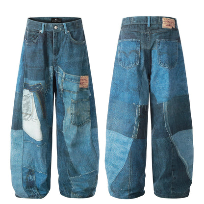 Washed Irregular Print Wide Leg Curved Denim Jeans WN25883