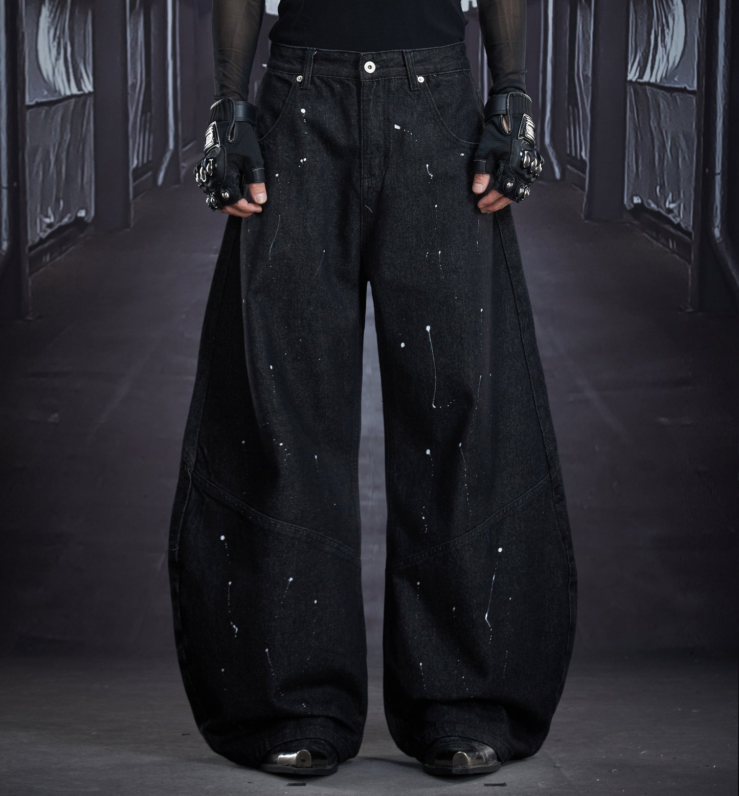 Print Paint Barrel Wide Leg Denim Jeans WN22860