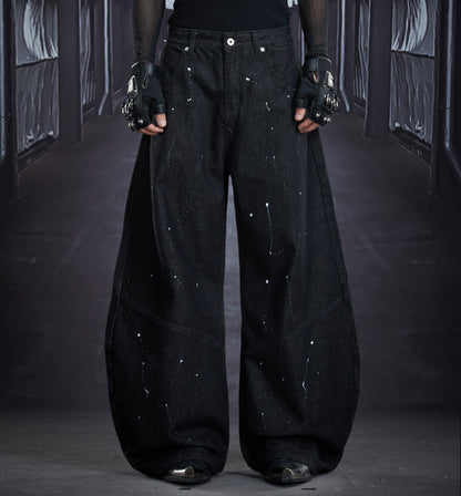 Print Paint Barrel Wide Leg Denim Jeans WN22860