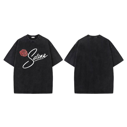 Washed Rose Letter Print Oversize Short Sleeve T-Shirt WN26894